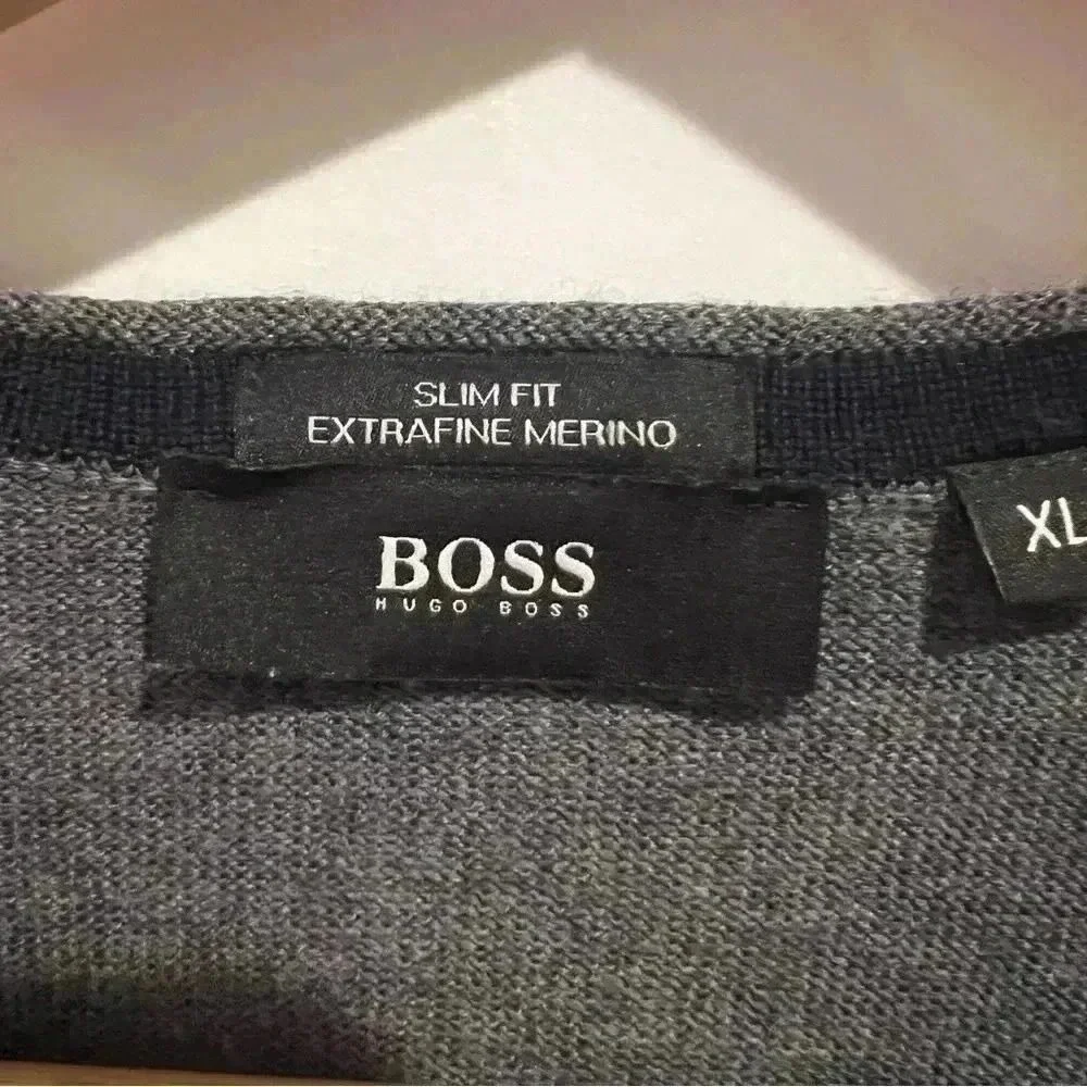 BOSS Hugo Boss Sweater Mens XL Charcoal Grey Excellent Extrafine Merino Slim Fit